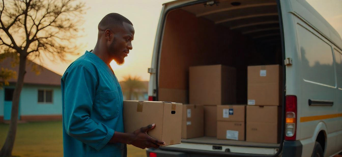 Delivery van unloading medical equipment supply boxes at a clinic in Africa, healthcare worker receiving items Delivery van unloading medical equipment supply boxes at a clinic in Africa, healthcare worker receiving items