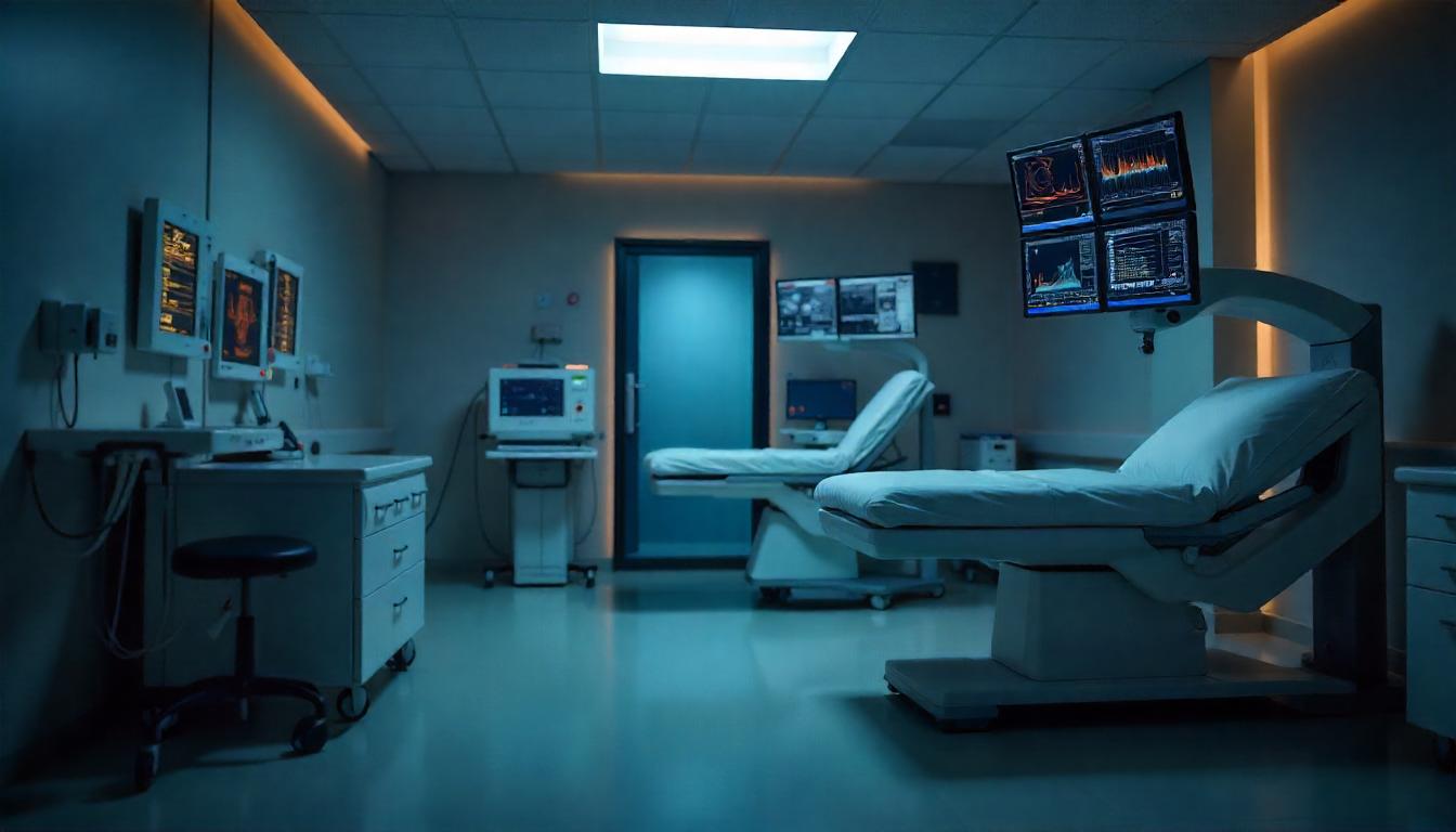 Modern medical diagnostic machines and patient monitors in a dark hospital room, sleek and high-tech Modern medical diagnostic machines and patient monitors in a dark hospital room, sleek and high-tech