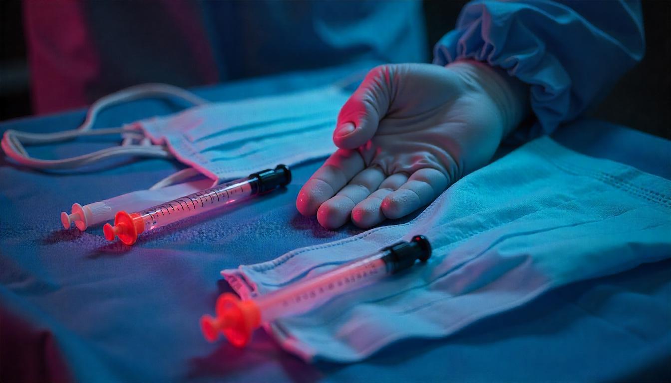 Sterile medical gloves, face masks, and syringes neatly arranged on a clean surgical tray Sterile medical gloves, face masks, and syringes neatly arranged on a clean surgical tray