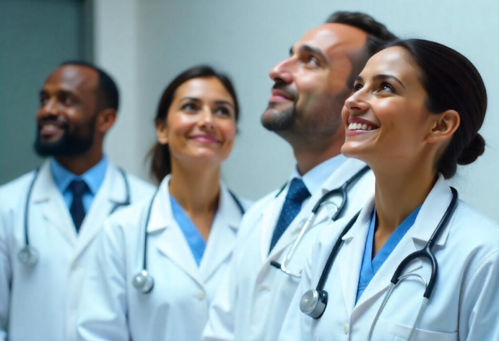 A group of diverse doctors looking up and smiling