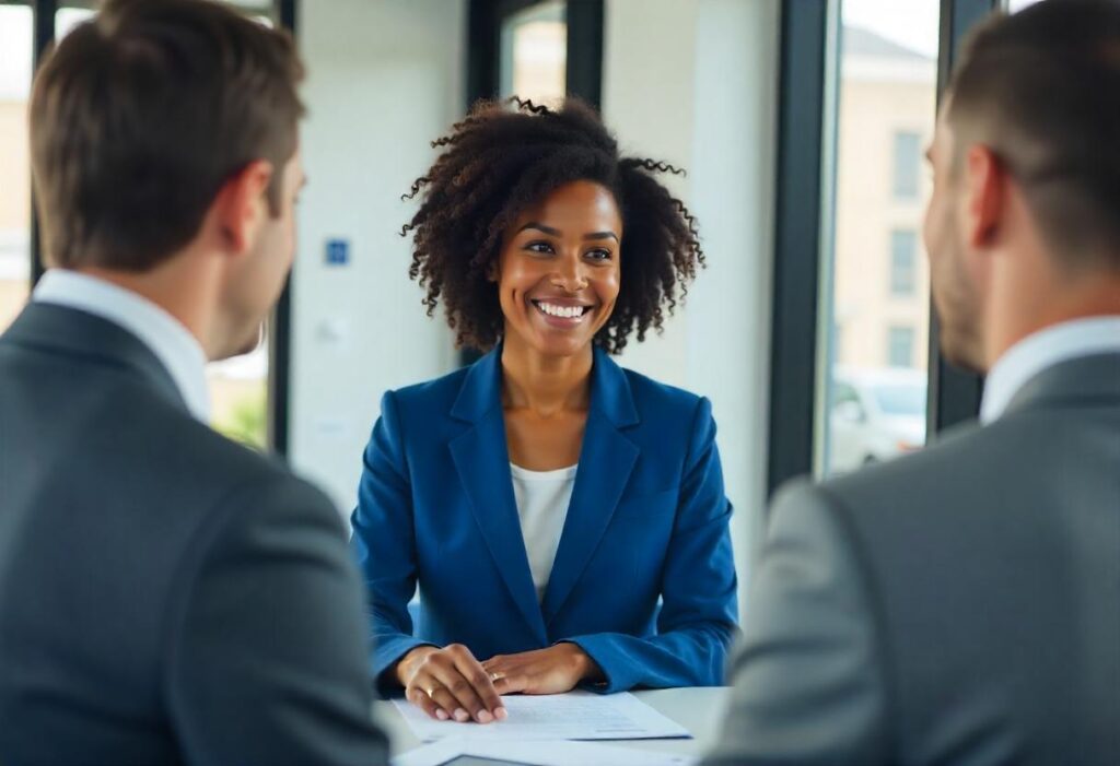 Woman providing great customer service with a smile to two men